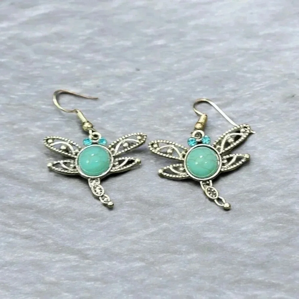 Silver Plated Turquoise Stone Rhinestone Dragonfly Dangle Earrings